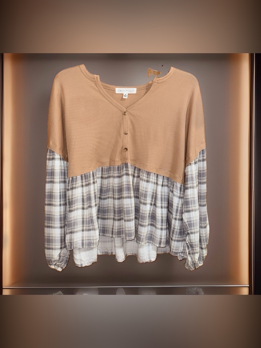 B Famous Women’s Tan Plaid Mixed-Media Women's Top-M-EC